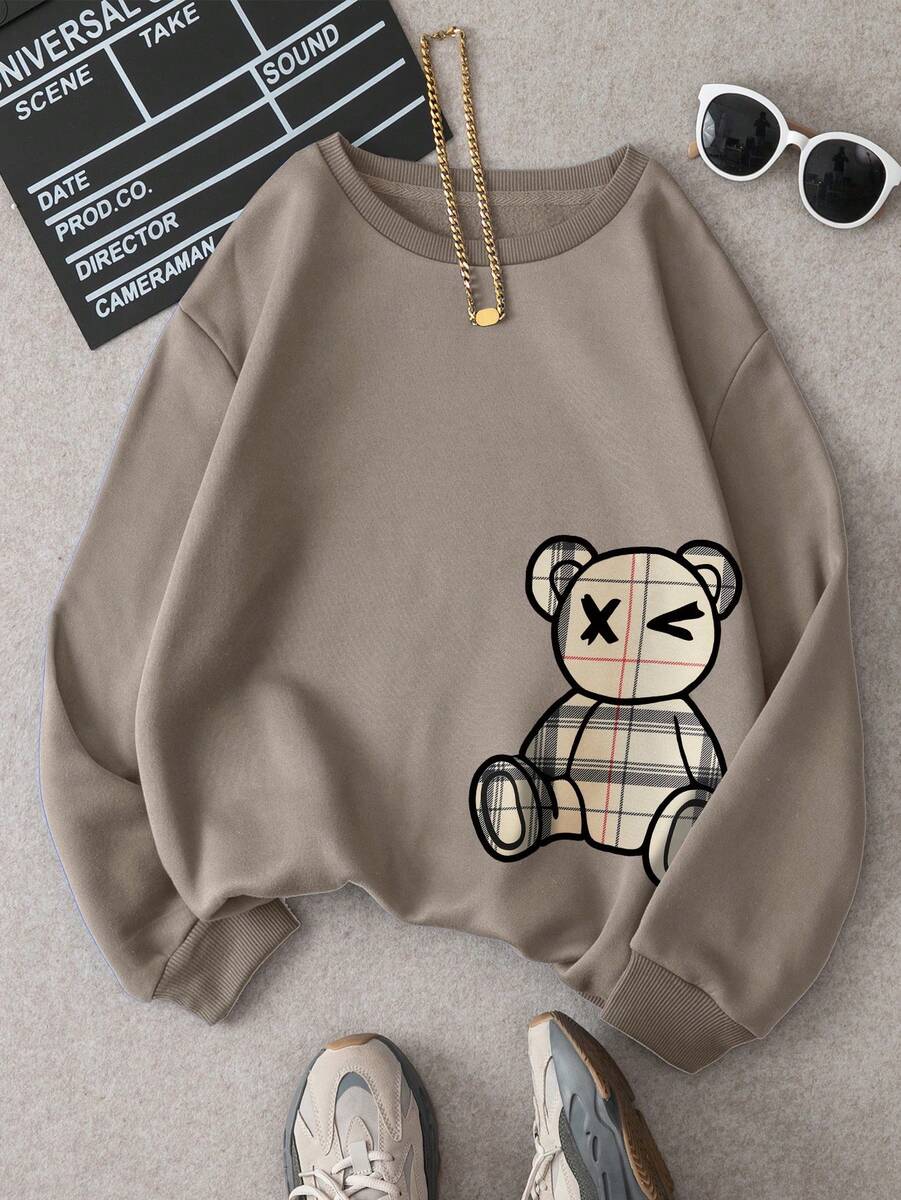 INAWLY Damen Bären-bedruckter Rundhals-Sweatshirt, Lang...