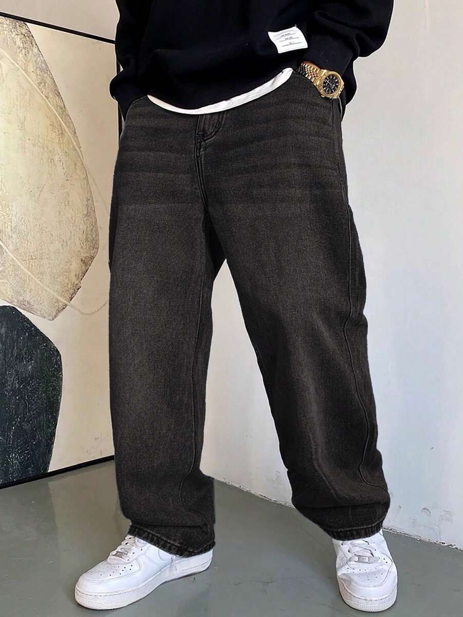 Manfinity Homme Herren Einfarbige Jeans mit schräger Tasche, lässig Straight Leg Groessenberater 2